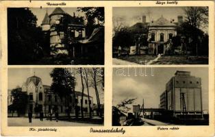 1940 Dunaszerdahely, Dunajská Streda; Vermes villa, Sárga kastély, Kir. Járásbíróság, Futura raktár. Csallóközi könyvesbolt kiadása / villa, castle, district court, grain warehouse (ázott sarok / wet corner)