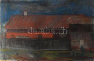 Szilágyi Elek (1933-2016): A vörös ház (cím nélkül). Pasztell, papír, jelzett, sarkaiban kissé sérült, 47,5×62,5 cm