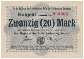 Német Birodalom / Poroszország / Marienburg 1918. 20M hátoldalon bélyegzett T:AU,XF ragasztónyom German Empire / Prussia / Marienburg 1918. 20 Mark stamp on the back C:AU,XF gluemark