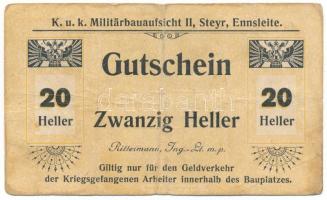 Ausztria / Steyr Hadifogolytábor 1914-1918 k. 20h "UNGÜLTIG (érvénytelen)" bélyegzéssel a hátlapon T:F,VG Austria / Steyr POW camp ~1914-1918. 20 Heller "UNGÜLTIG (invalid)" overprint on the back C:F,VG