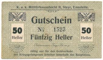 Ausztria / Steyr Hadifogolytábor 1914-1918 k. 50h "UNGÜLTIG (érvénytelen)" bélyegzéssel a hátlapon és aláírással T:F,VG Austria / Steyr POW camp ~1914-1918. 50 Heller "UNGÜLTIG (invalid)" overprint on the back and with signature C:F,VG