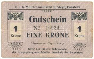 Ausztria / Steyr Hadifogolytábor 1914-1918 k. 1K "UNGÜLTIG (érvénytelen)" bélyegzéssel a hátlapon és aláírással T:F,VG Austria / Steyr POW camp ~1914-1918. 1 Krone "UNGÜLTIG (invalid)" overprint on the back and with signature C:F,VG