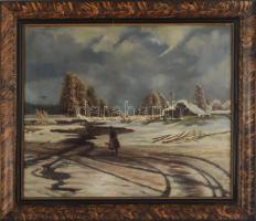 Jelzés nélkül: Téli séta. Olaj, vászon. Dekoratív, kissé sérült fakeretben, 42,5×51,5 cm