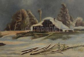 Jelzés nélkül: Téli séta. Olaj, vászon. Dekoratív, kissé sérült fakeretben, 42,5×51,5 cm