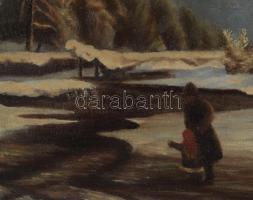 Jelzés nélkül: Téli séta. Olaj, vászon. Dekoratív, kissé sérült fakeretben, 42,5×51,5 cm