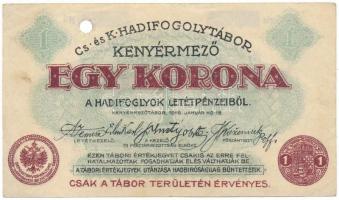 1916. Kenyérmező / Hadifogolytábor 1916. január 15. 1K sorozat- és sorszám nélkül, lyukasztással érvénytelenítve T:F Hungary / Kenyérmező (Câmpul Pâinii) / POW Camp 15.01.1916. 1 Krone without series and serial number, cancelled by perforation C:F Adamo HHK-1.6