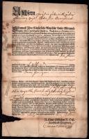 1700 Rendelet a katonai végrehajtások felfüggesztéséről, valamint a polgári végrehajtási eljárás elismeréséről, Conrad ... császári tanácsos által aláírásával, 6 db címeres, papírfelzetes viaszpecséttel elküldve