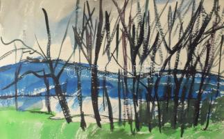 M. Szűcs Ilona (1925-2010): Kék hegyek. Akvarell, papír, jelzett, paszpartuban, 28×39,5 cm