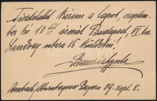 Benczúr Gyula (1844-1920) festőművész autográf levelezőlapja az Újság kiadóhivatalának.