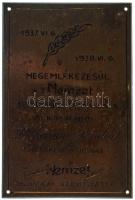 1938. "1937. VI. 6. - 1938. VI. 6. - Megemlékezésül a 'Nemzet' 1 esztendős fennállása alkalmából - Dr. Berényi Sándor főszerkesztő úrnak - A Nemzet technikai személyzete" bronz plakett, négy sarkánál rögzítésre szolgáló furatokkal (65x100m) T:AU