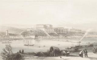 Buda acélmetszetű látképe a hajóhíddal.  cca 1840 Th. Ender - Radclieffe: Ofen, acélmetszet, jelzett a metszeten, Hartleben's Verlag, 10x15 cm