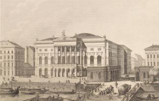 Pest, Vigadó a hajóhíddal, Redoute. acélmetszet Rauschenfels von Steinberg 9x14 cm, lapméret 14x18 cm