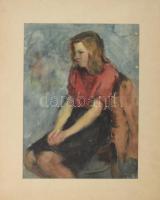 Cseh István (1916-1975): Ülő lány, 1947. Akvarell, ceruza, papír, jelzett, paszpartuban, hátoldalán Képcsarnok Vállalat címkéjével, 42,5×32 cm