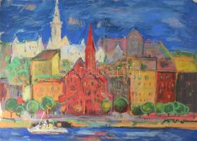 Jelzés nélkül: Vízparti város. Vegyes technika, papír, 45×62 cm