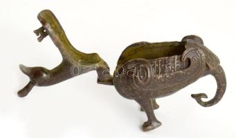 Kínai bronz madár figurális ékszertartó, m: 7 cm