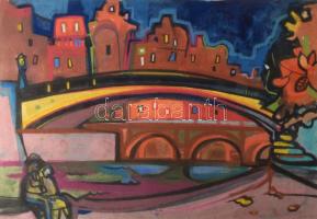 Jelzés nélkül: Hidak a folyó felett. Vegyes technika, papír, 32×48 cm