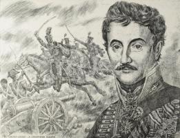 Gönczi Béla (1934-): Simonyi József, "a legvitézebb huszár", 1987. Rézkarc, papír, jelzett. 29×39 cm
