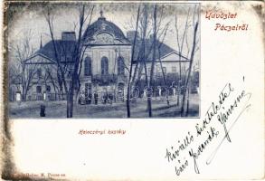 1902 Pécel, Péczel; Kelecsényi kastély. Heller M. kiadása, a képeslap feladója báró Jeszenák Jánosné Kelecsényi Izabella (1872-1945), címzettje Dr Morelli Károly orvos, szakíró (EK)  A képeslap a péceli Ráday-, később Kelecsényi-kastély épületének főhomlokzatát ábrázolja, érdekessége, hogy a lapot a kastély utolsó úrnője, Kelecsényi Izabella báróné adta fel 1902-ben Dr Morelli Károly orvos, szakíró részére. Kelecsényi Izabella meglehetősen kalandos életet élt, háromszor ment férjhez, a képeslap feladásakor harmadik férje, Jeszenák János után a báróné címet viselte. Életét botrányok övezték, gyakran szerepelt az újságok hasábjain állandó pereskedései miatt. 1909-ben elvált Jeszenák bárótól is, ezután gyermekeivel haláláig a kastélyban élt. Izabella 1945-ös halálát követően az épületet 1948-ban államosították, később kórház működött benne.  The postcard depicts the main façade of the Ráday Palace in Pécel, later known as the Kelecsényi Palace. Its particular interest lies in the fact that it was posted in 1902 by the last lady of the castle, Baroness Izabella Kelecsényi, and sent to Dr. Károly Morelli, a physician and medical writer. Izabella Kelecsényi led a rather adventurous life: she was married three times, and at the time the postcard was sent she bore the title of baroness through her third husband, János Jeszenák. Her life was surrounded by scandals, and she frequently appeared in newspaper columns due to her litigation. In 1909 she also divorced Baron Jeszenák, after which she lived in the castle with her children until her death. Following Izabella?s death in 1945, the building was nationalized in 1948 and later functioned as a hospital.