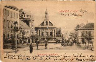 1901 Pécs, Irgalmasok temploma, üzletek. Fischer Ferenc kiadása (EB)