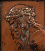 Krisztus szentkép, plasztikus réz dombormű, XX. sz. eleje, dekoratív, kissé sérült fa keretben 14x14...