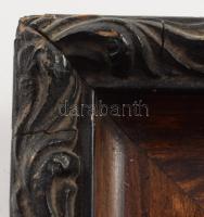 Krisztus szentkép, plasztikus réz dombormű, XX. sz. eleje, dekoratív, kissé sérült fa keretben 14x14...