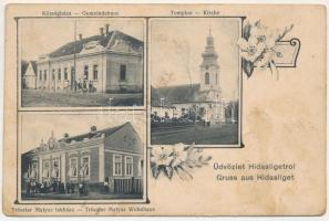 1915 Hidasliget, Bruckenau, Pischia; Községháza, Templom, Tröszter Mátyás lakháza. Szecessziós-virágos keret / town hall, church, villa, apartment of Tröszter. Art Nouveau, floral (fl)