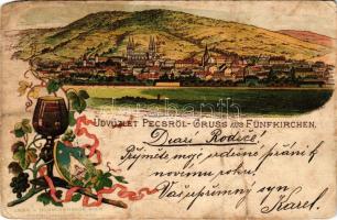 Pécs, látkép, borospohár címerrel és szőlővel. Schwidernoch Károly Art Nouveau, floral, litho (gyűrődések / creases)