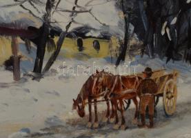 Németh György jelzéssel: Lovasszekér. Olaj, karton, dekoratív fakeretben, 25×35 cm