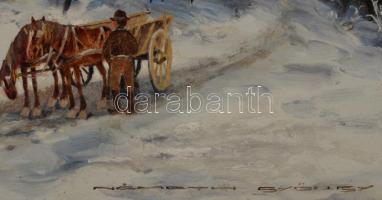 Németh György jelzéssel: Lovasszekér. Olaj, karton, dekoratív fakeretben, 25×35 cm