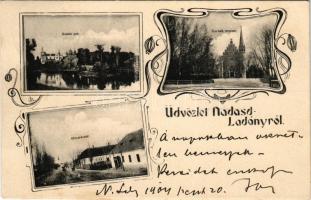 1904 Nádasdladány, Nádasladány; Uradalmi park, római katolikus templom, utcarészlet (EK)