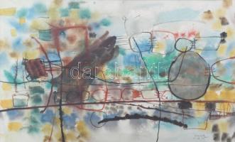 Misch Ádám (1935-1995): Útközben (cím nélkül), 1965. Akvarell, papír, jelezve jobbra lent, üvegezett fakeretben, 32,5×47 cm