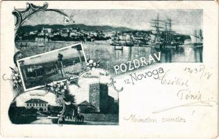 1903 Novi Vinodolski, Novi, Novoga; Hotel Lisanj, Kupaliste, Hotel Slavulj, Kula Frankopanska, Otok Sv. Marino. Art Nouveau, floral (EK)