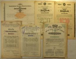 Vegyes 6db-os értékpapír tétel, benne 1898. "Kisbirtokosok Országos Földhitelintézete 4 1/2%-os záloglevele", 1907. "Magyar Takarékpénztárak Központi Jelzálogbankja" záloglevél 1000K-ról, 1904. "Pesti Hazai Első Takarékpénztár Egyesület 4%-os kamatozó kötvénye" 10.000K-ról, 1909. "Pesti Hazai Első Takarékpénztár 4 1/2%-os záloglevele" 5000K-ról, 1910. "Magyar Takarékpénztárak Központi Jelzálogbankja 4 1/2%-os záloglevele" 200K-ról T:F,VG