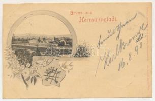 1898 Nagyszeben, Hermannstadt, Sibiu; látkép. G. A. Seraphin kiadása, szecessziós-virágos keret címerrel / general view. Art Nouveau, floral frame with coat of arms (vágott / cut)