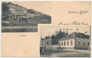 1911 Beszterce, Bistritz, Bistrita; Fa utca, Takarékpénztár, Kollmann és Keresztes üzlete, Kórház utca. Bartha Mária kiadása / street view, savings bank, shops (EB)