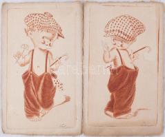 Azonosítatlan jelzéssel: ca 1920 4 db gyermekeket ábrázoló rézkarc, képeslap méretben 14x9 cm