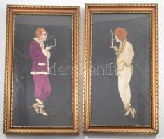 cca 1920/30 2 darab art deco fonalkép üvegezett keretben, 42x25 cm