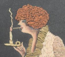 cca 1920/30 2 darab art deco fonalkép üvegezett keretben, 42x25 cm