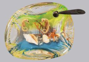 Asztali üveg tolltartó, anyagában színezett, kopásnyomokkal, 13×15×4 cm