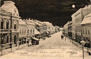 1907 Nyitra, Nitra; Tóth Vilmos utca este holdfényben, Weisz Lipót, Zinz üzlete / street at night in moonlight, shops