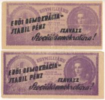 1947. Politikai propaganda röpcédula kétoldali "Erős demokrácia=Stabil pénz - Szavazz Szociáldemokratára!" szöveggel, az 1.000.000.000P bankjegy mintájára (2x) T:VG egyiken ragasztó
