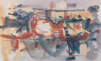 Misch Ádám (1935-1995): Úton-útfélen (cím nélkül), 1965. Akvarell, papír, jelezve jobbra lent, üvegezett fakeretben, 34×49 cm.