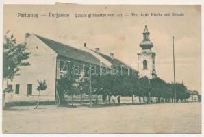 1928 Perjámos, Periam; Scoala si biserica rom. cat. / Röm. kath. Kirche und Schule / Római katolikus templom és iskola. I. Frischmann kiadása / Catholic church and school (ázott / wet damage)