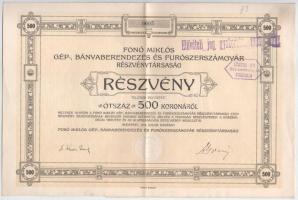 1918. Budapest "Fonó Miklós Gép-, Bányaberendezés és Fúrószerszámgyár Részvénytársaság" részvénye 500K-ról szelvényívvel, bélyegzésekkel T:F Hungary 1918. Budapest "Fonó Miklós Gép-, Bányaberendezés és Fúrószerszámgyár Részvénytársaság" shares from 500 Korona with coupon sheet, with overstamps C:F