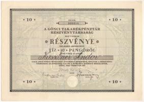 1927. Gönc "A Gönci Takarékpénztár Részvénytársaság" részvénye 10P-ről szelvényekkel, szárazpecséttel, "000986" sorszámmal T:VF