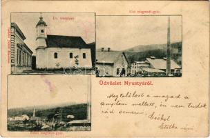 1901 Nyustya, Hnústa; Evangélikus templom, alsó magnesit-gyár, felső magnesit-gyár. Takács János kiadása / Lutheran church, magnesite factory (EK)
