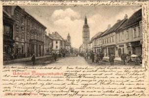 1901 Nagyszombat, Tyrnau, Trnava; utcakép, Goldberger A. üzlete, templomok. Kiadja F. Richter (tévnyomat: Nazyszombat) / street view, shops, churches (Rb)
