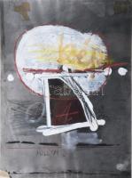 Misch Ádám (1935-1995): Kép látvány, 1983. Vegyes technika, papír, jelezve balra középen lent, hátoldalán Misch Ádám autográf feliratával és bélyegzésével. Üvegezett, kissé sérült fakeretben, 28×20,5 cm.