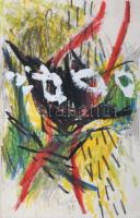 Misch Ádám (1935-1995): Cím nélkül, 1990. Vegyes technika, papír, jelezve középen lent. Üvegezett fakeretben, 16,5×10,5 cm.