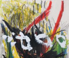 Misch Ádám (1935-1995): Cím nélkül, 1990. Vegyes technika, papír, jelezve középen lent. Üvegezett fa...